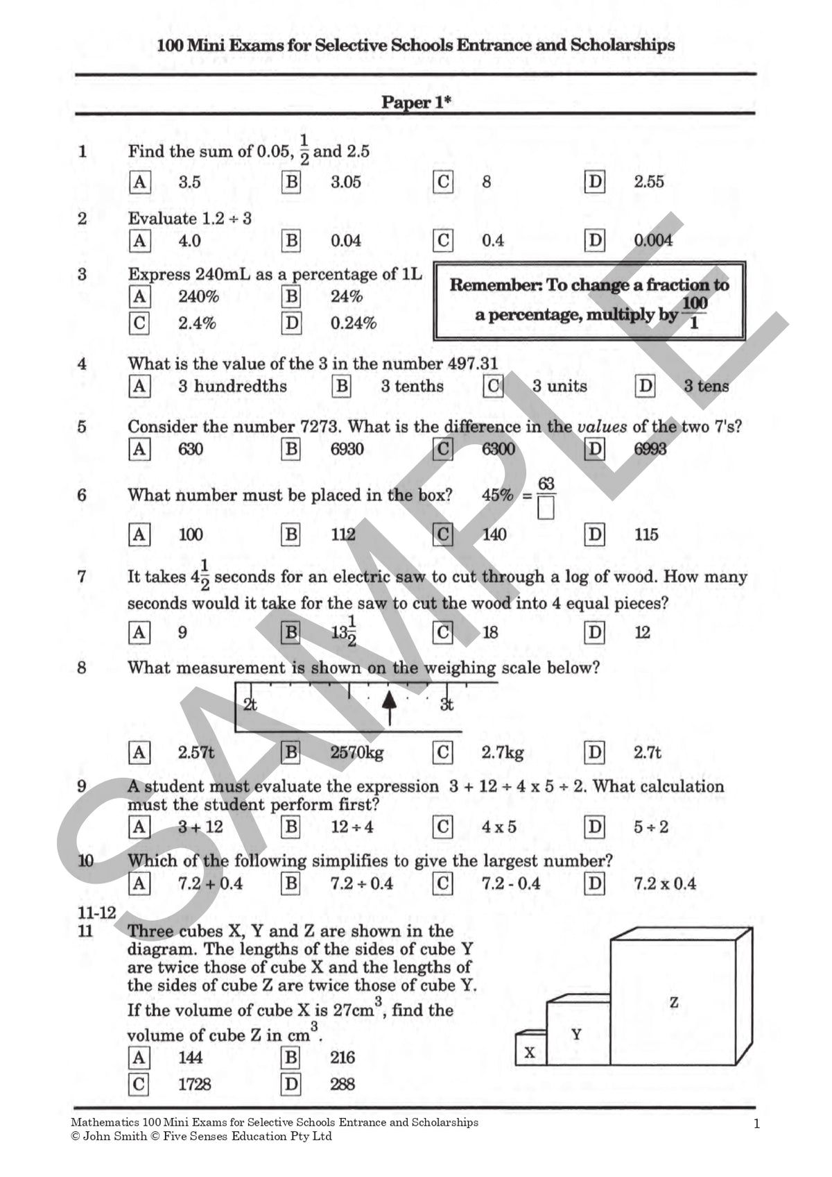 Mathematics: 100 Mini Exams for Selective Schools Entrance and Scholarships Year 5-8
