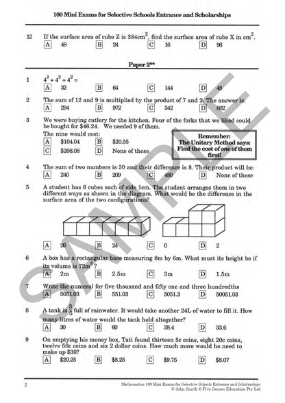 Mathematics: 100 Mini Exams for Selective Schools Entrance and Scholarships Year 5-8
