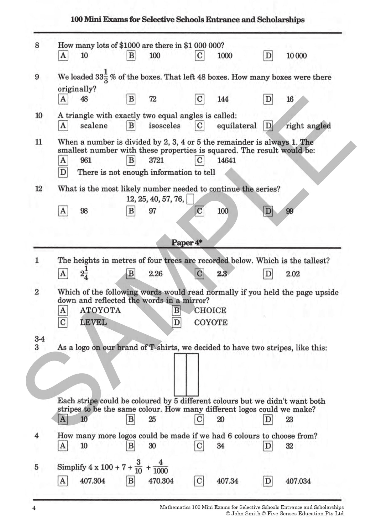 Mathematics: 100 Mini Exams for Selective Schools Entrance and Scholarships Year 5-8