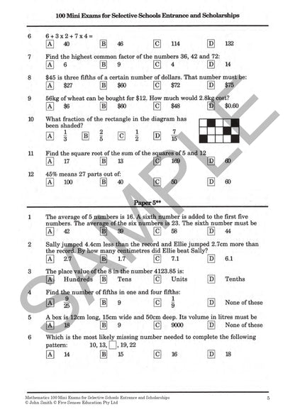 Mathematics: 100 Mini Exams for Selective Schools Entrance and Scholarships Year 5-8