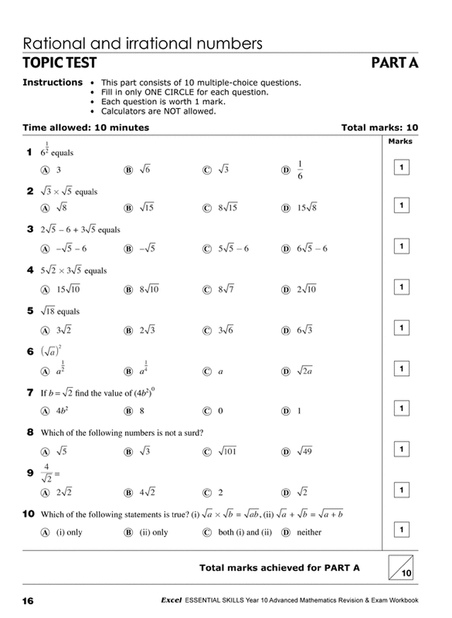 Excel Essential Skills - Advanced Mathematics Revision & Exam Workbook Year 10 Ada's Book